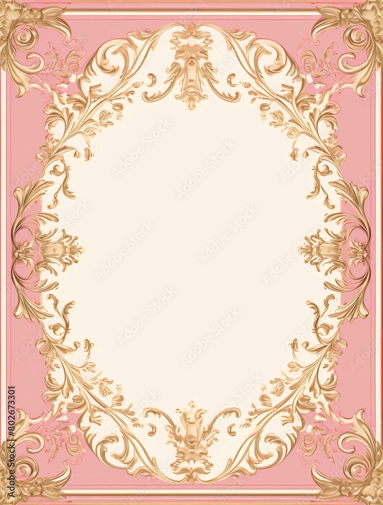 A pink and gold vintage frame with baroque elements, with empty space in the middle for writing text