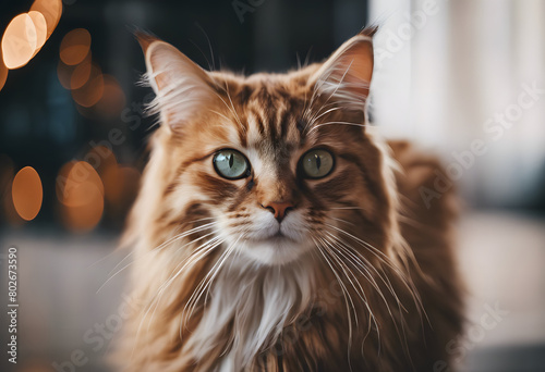 Close-up portrait of a majestic long-haired ginger cat with striking green eyes, set against a softly blurred background with warm bokeh lights. International Cat Day.
