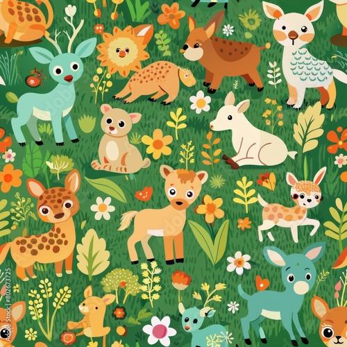 Seamless pattern of baby animals frolicking in meadows, Generative AI
