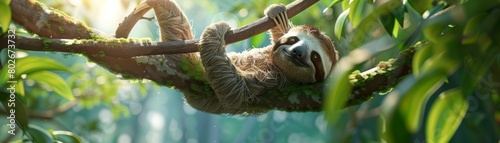 Sloth hanging on a tree branch in the jungle. photo
