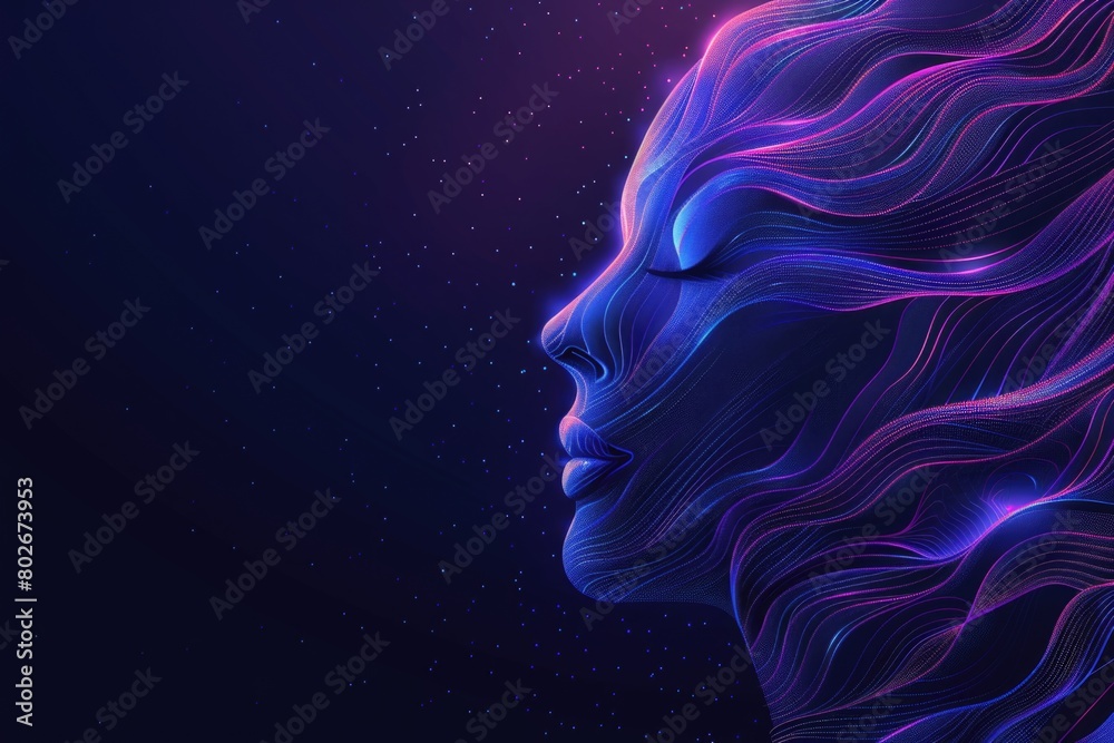 A womans face with long hair and glowing lights illuminating her features against a dark background A womans face with long hair and glowing lights illuminating her features against a dark background