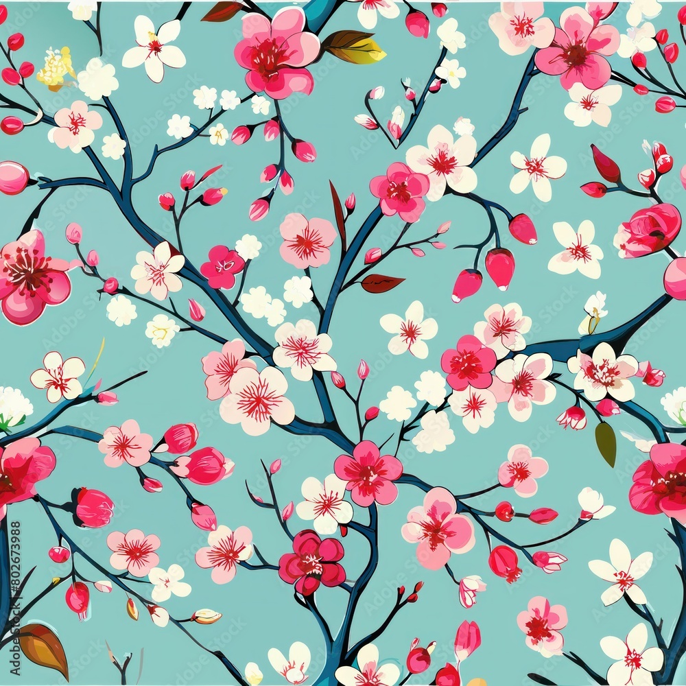 Seamless pattern of blooming cherry blossoms adorning branches, Generative AI