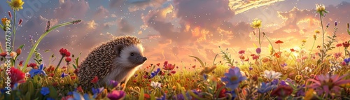 Cute baby hedgehog in a beautiful flower field watching butterflies photo