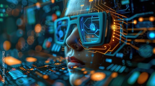 A woman wearing futuristic glasses is focused on a computer screen, engaging with advanced technology