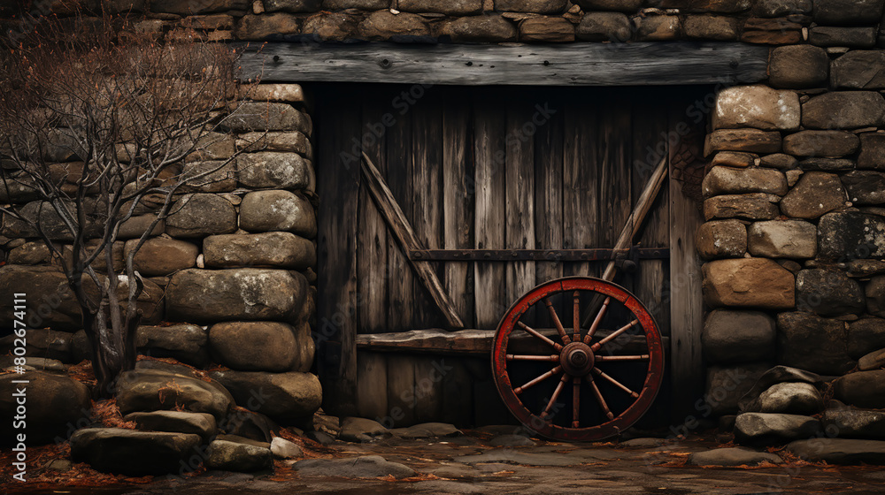 Obraz premium An old wooden wagon wheel leaning up against a stone wall