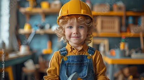 A young boy wearing a construction hat, holding a toy hammer and pretending to build something. photo
