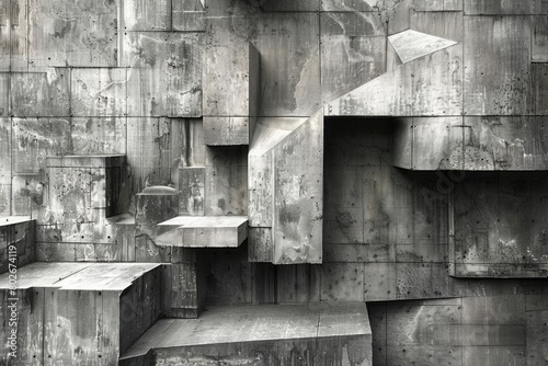 Black and white depiction of a sturdy concrete structure surrounded by abstract chaos of disjointed geometric forms and lines photo
