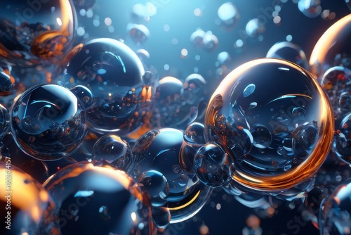 Abstract Blue Shiny bubble Ball 3d illustration with dark background, 3d rendered premium wallpaper