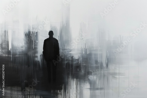 A painting of a man standing in front of a city, showcasing urban landscape and human presence