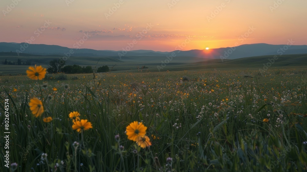 A dusky sunset casting an orange glow over an endless landscape of wildflower fields.. A dusky sunset casting an orange glow over an endless landscape of wildflower fields..