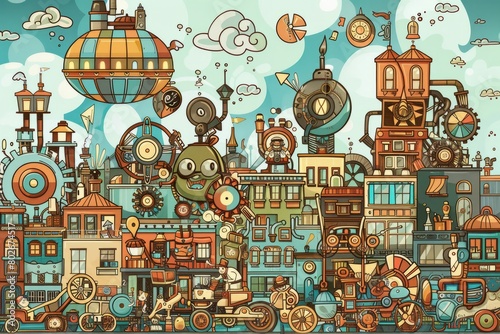 Cartoon cute doodles of a whimsical steampunk cityscape, where adorable characters ride steam-powered bicycles and airships through bustling streets, Generative AI