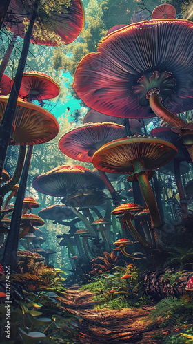 A surreal forest of giant mushrooms towering into the sky, their colorful caps casting strange and wonderful shadows on the forest floor