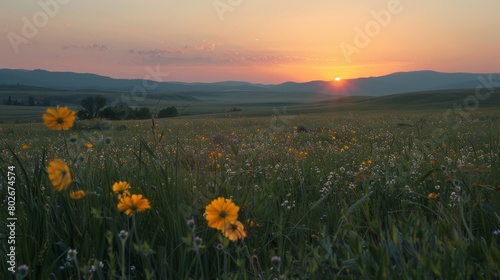 A dusky sunset casting an orange glow over an endless landscape of wildflower fields..