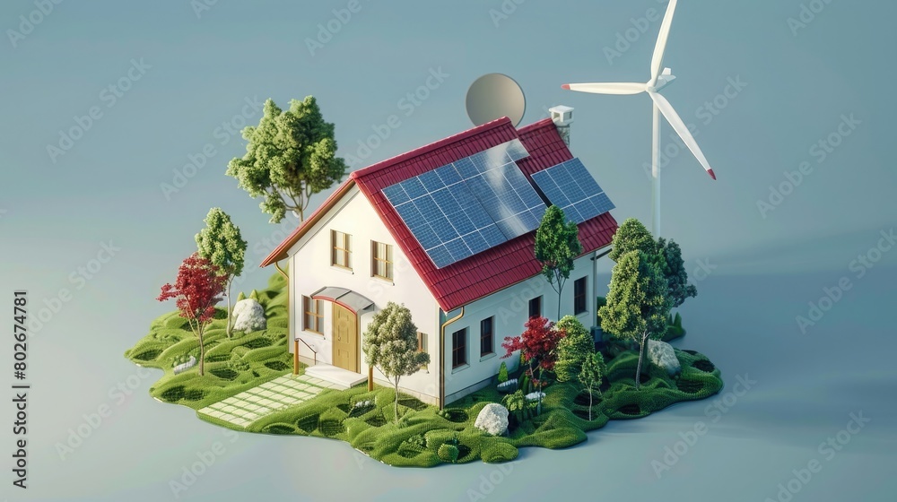 Generate an isometric 3D rendering portraying an energy-efficient home equipped with solar panels and a wind turbine