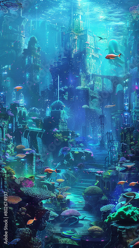 A surreal underwater cityscape with ancient ruins and colorful coral reefs  inhabited by exotic sea creatures and bathed in the soft glow of bioluminescent algae