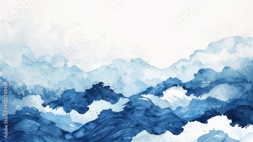 Blue brush stroke texture with ocean wave pattern in vintage style. Abstract art landscape banner with watercolor
