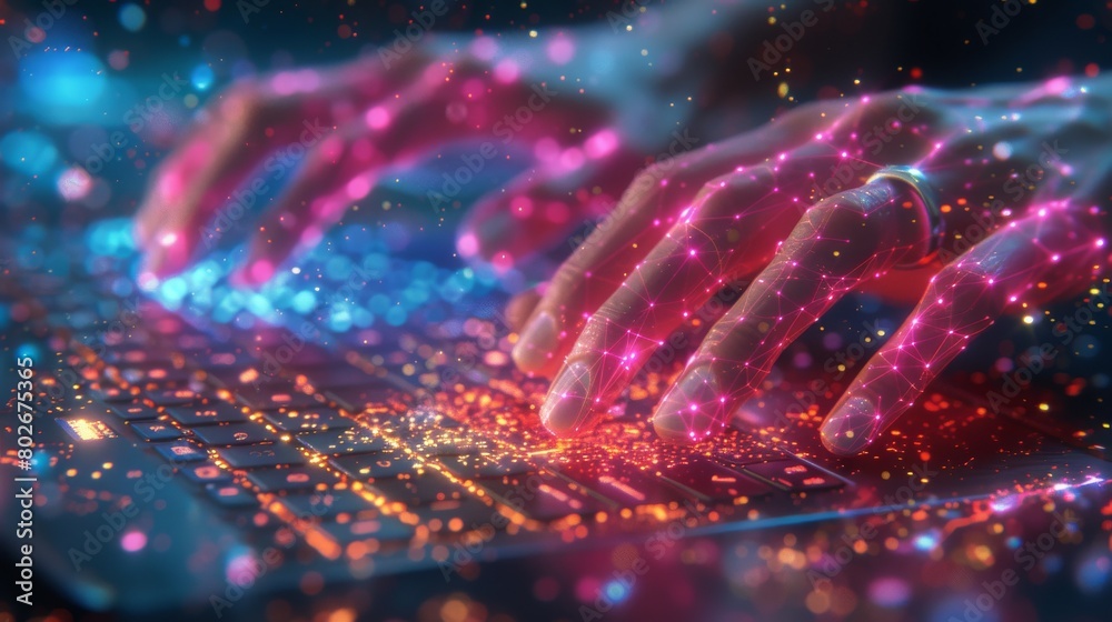 Vivid image of hands typing on an illuminated keyboard with vibrant pink and blue lights reflecting dynamic movement. Vivid image of hands typing on an illuminated keyboard with vibrant pink and blue lights reflecting dynamic movement.