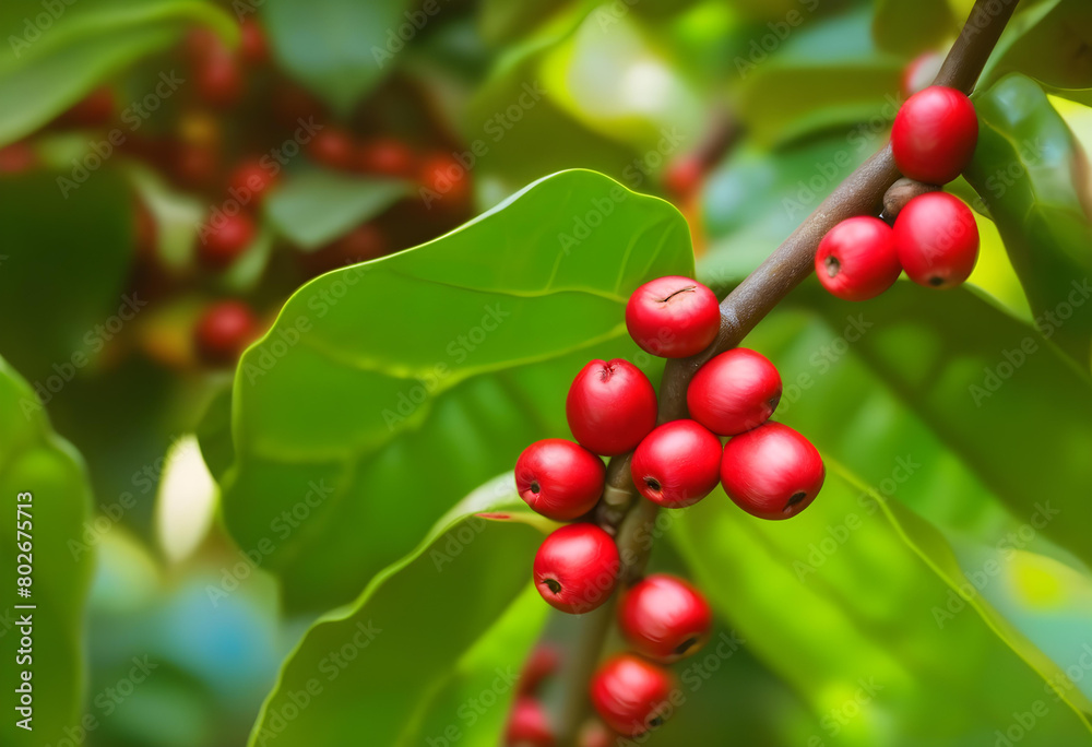 A close-up shot of coffee beans growing on a tree with vibrant green 