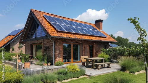 Modern eco-friendly house with solar panels on the roof surrounded by lush greenery, showcasing sustainable living.