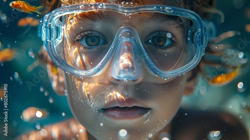 A young boy wearing a snorkel mask, peering into a fish tank and marveling at the underwater world.