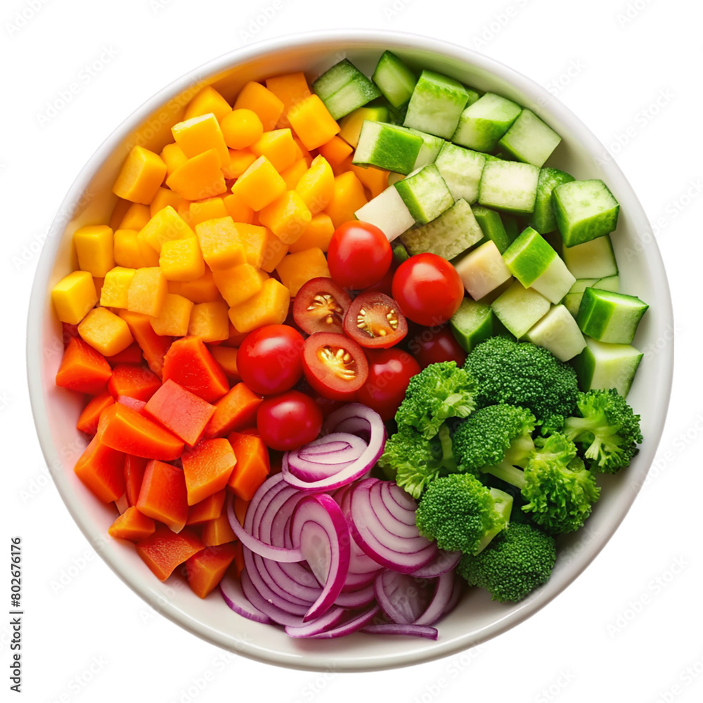 A bowl on garnished vegetables isolated on transparent background.