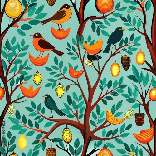 Seamless pattern of chirping birds building nests in budding trees, Generative AI © fahmy