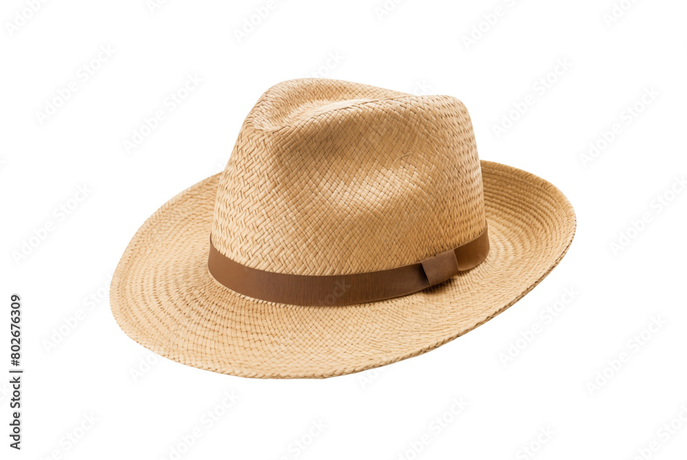 Classic woven straw fedora hat with a brown ribbon, showcasing a casual summer style. Generative AI