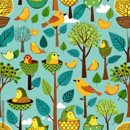 Seamless pattern of chirping birds building nests in budding trees  Generative AI
