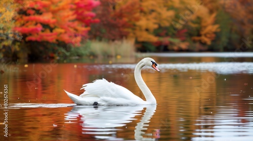 A tranquil lake reflecting the colorful autumn foliage  with a white swan gliding gracefully across the water  symbolizing grace and elegance on International Albinism Awareness Day.