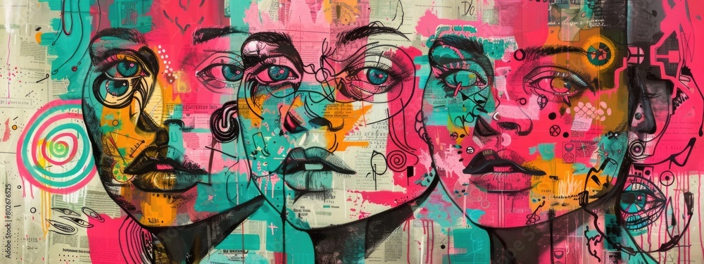 Fototapeta premium Neon Expressionism, Abstract Faces, Mixed Media, Graffiti-Inspired Art, Pop Art Fusion 