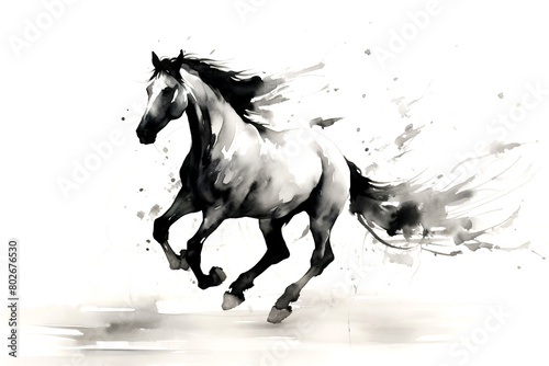 Watercolor painting of horse is running on a white background. Wildlife Animals. Illustration, Generative AI.