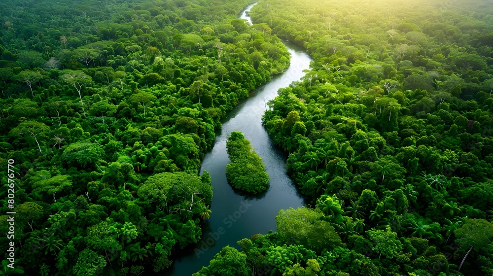 Aerial View of Winding River Through Lush Tropical Rainforest Ecosystem