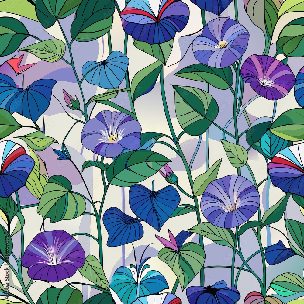 Seamless pattern of dew-kissed morning glories climbing on fences, Generative AI