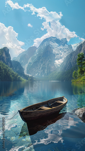A tranquil mountain lake surrounded by towering peaks  with a small wooden rowboat drifting peacefully on the glassy surface