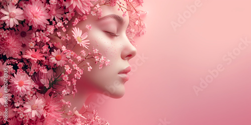 A woman's face is surrounded by pink flowers