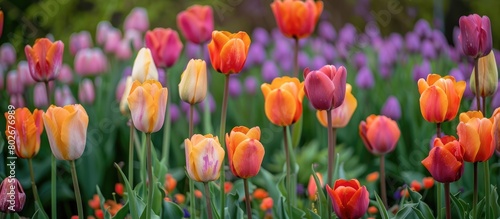 A diversity of tulips in full bloom in a garden during the spring season.
