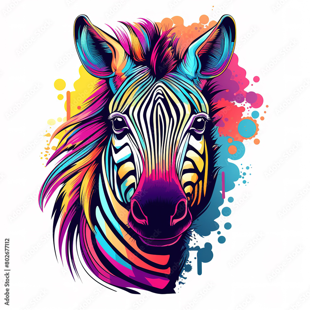 Naklejka premium Colorful zebra head on white background on white background. Wild Animals. Illustration, Generative AI.