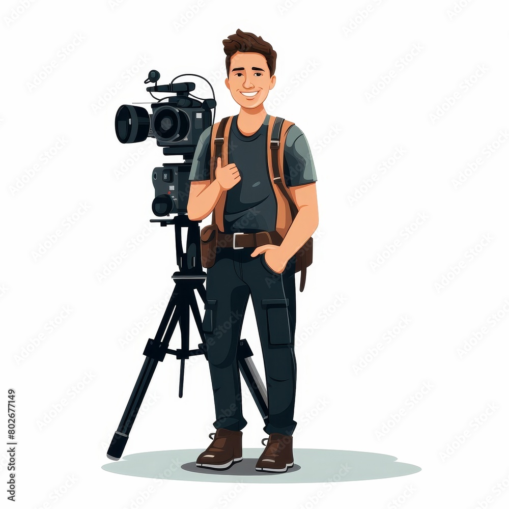A man is holding a camera and standing next to a tripod