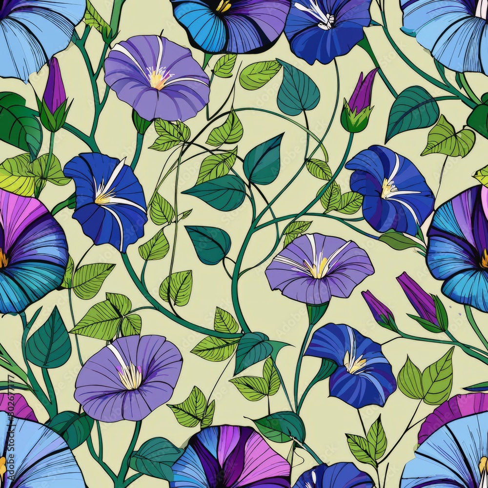 Seamless pattern of dew-kissed morning glories climbing on fences, Generative AI