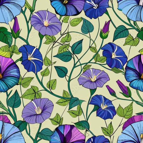 Seamless pattern of dew-kissed morning glories climbing on fences  Generative AI
