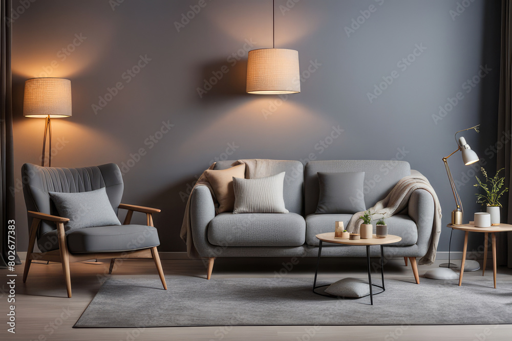 Interior of living room with cozy grey sofa, armchair and glowing lamps