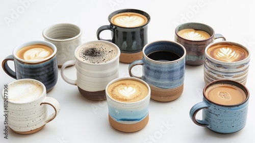 An assortment of handmade ceramic mugs and cups each holding a different type of artisan coffee.