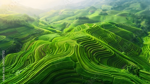 Breathtaking Aerial View of Vibrant Green Rice Terraces Cascading Across Scenic Hillside Landscape