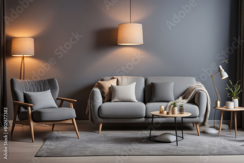 Interior of living room with cozy grey sofa, armchair and glowing lamps