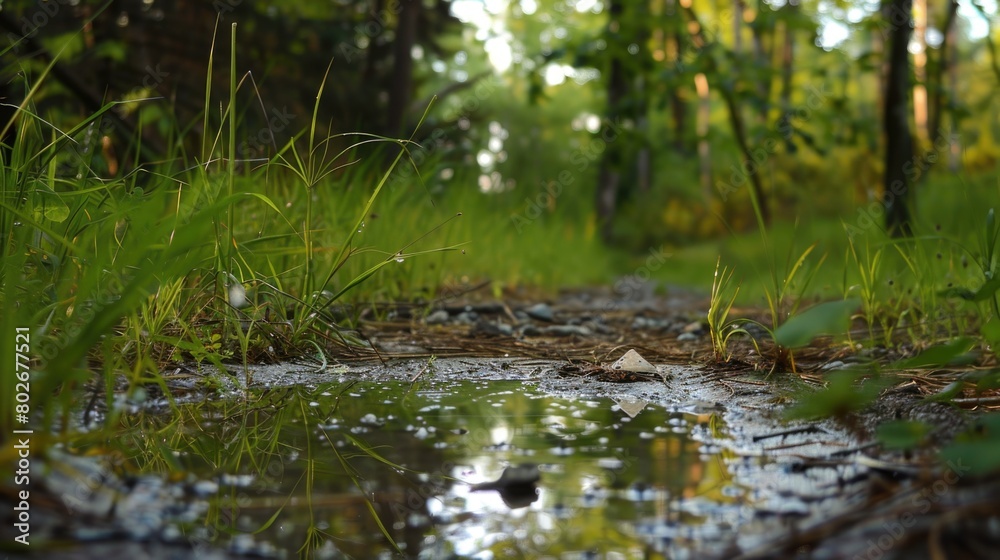 Naklejka premium Tranquil Forest Scene: Wet path, lush greenery, serene setting
