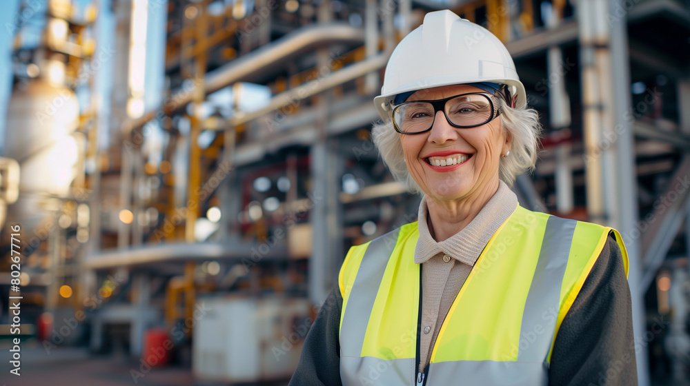 Smiling senior female engineer with hard hat at chemical plant Smiling senior female engineer with hard hat at chemical plant
