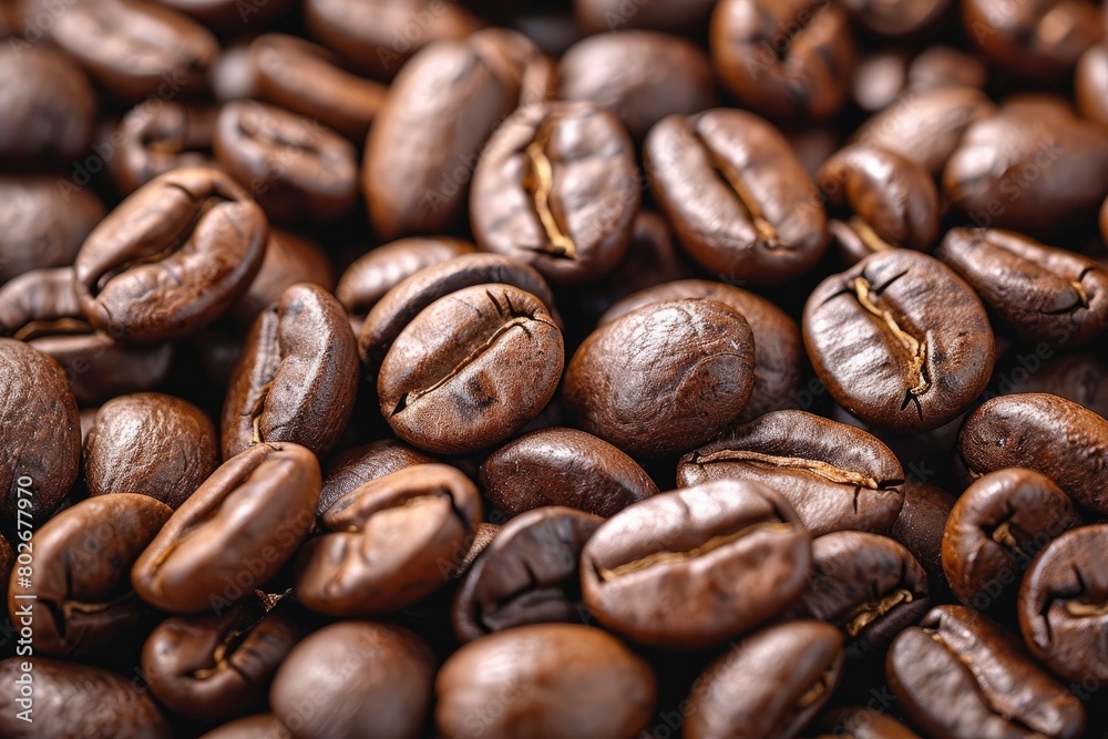 Brown Roasted Coffee Beans Closeup On Dark Background - generative ai Brown Roasted Coffee Beans Closeup On Dark Background - generative ai
