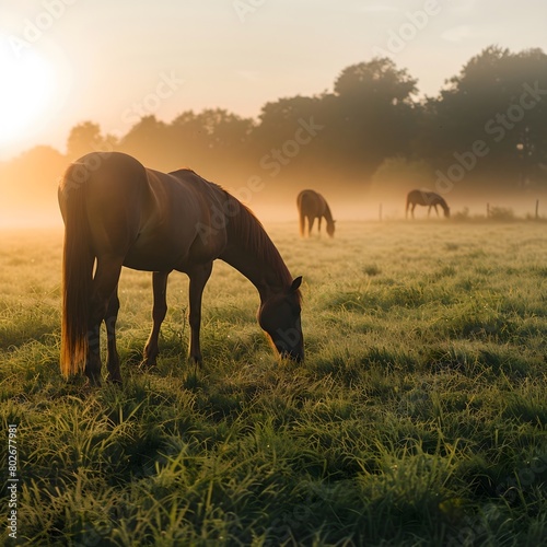 Horses grazing in a meadow. Early morning sun and a light mist are in the air