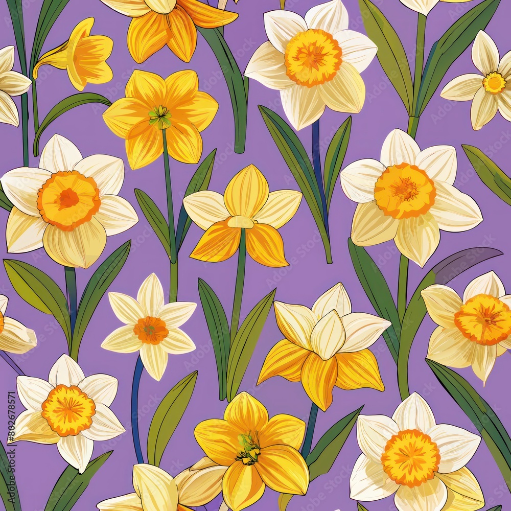 Seamless pattern of vibrant daffodils popping up in gardens, Generative AI Seamless pattern of vibrant daffodils popping up in gardens, Generative AI