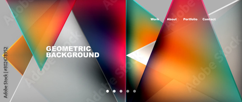 A vibrant geometric pattern of colorful triangles in electric blue and magenta hues on a gray background, creating a symmetrical and eyecatching design